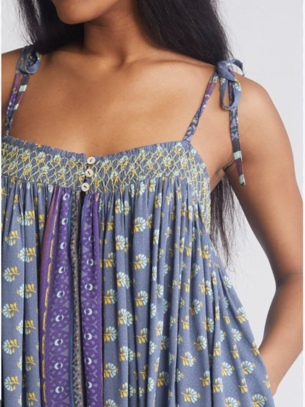 Free People Rule The World Smocked Mini Dress Blue Floral Boho Small